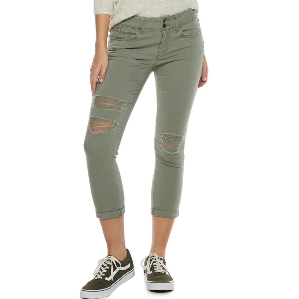 NWT SO Olive Green Destroyed Cropped Jegging Jeans 3
